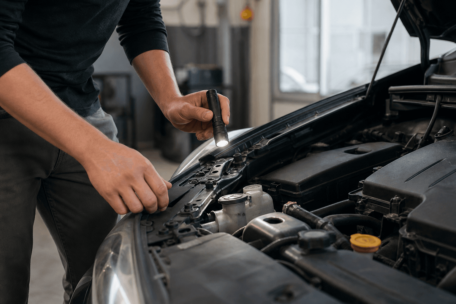 Buyer inspecting a used car engine